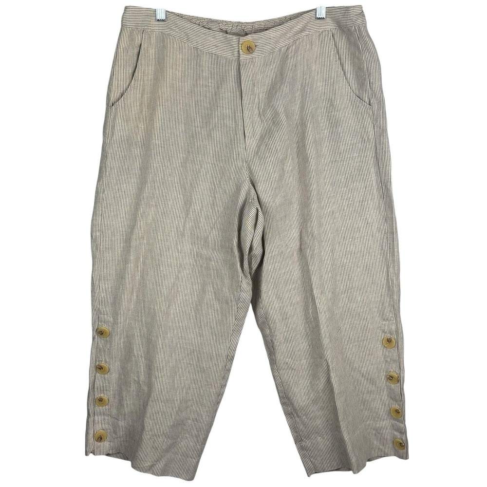 Soft Surroundings Women's Size Large Cropped 100% Linen Gray Striped Pants Beach